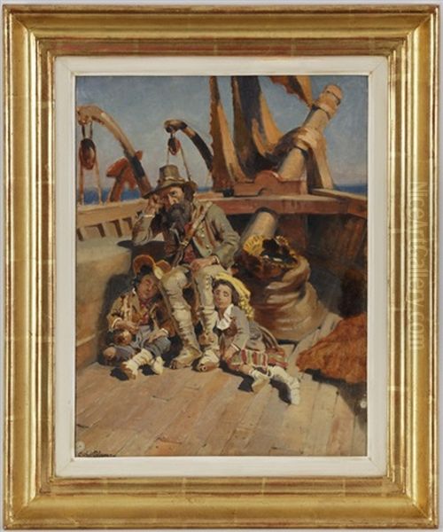 Pere Et Ses Deux Enfants Oil Painting by Jean-Baptiste-Arthur Calame