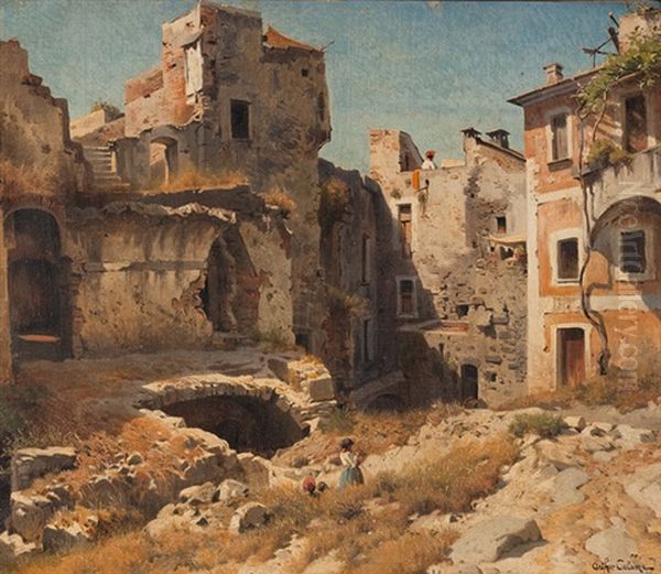 San Remo - Blick In Einen Hinterhof Mit Ruine Oil Painting by Jean-Baptiste-Arthur Calame