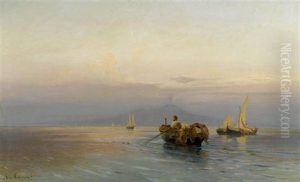 Fischerboote In Der Bucht Vor Neapel Mit Vesuv Im Hintergrund Oil Painting by Jean-Baptiste-Arthur Calame