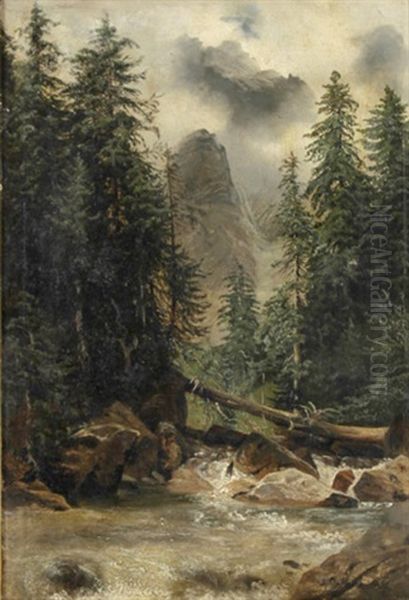 Rauschender Gebirgsbach Mit Umgesturztem Baum Oil Painting by Jean-Baptiste-Arthur Calame