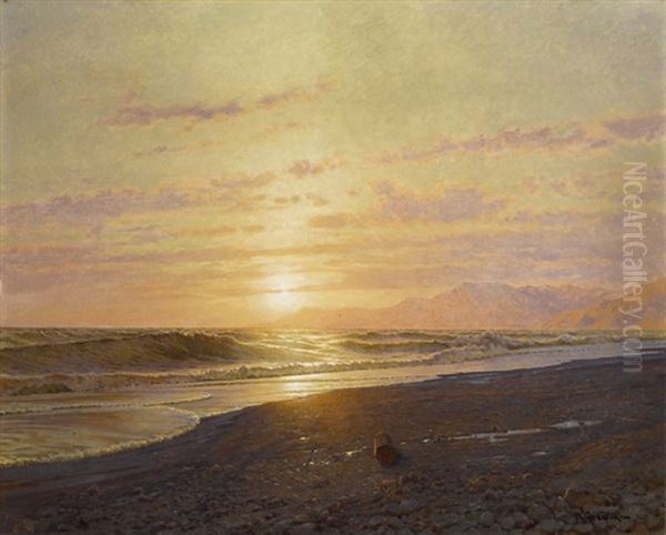 Soleil Couchant Sur La Mer Bordighera Oil Painting by Jean-Baptiste-Arthur Calame