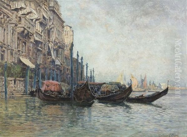 Venezianische Partie Mit Gondeln Oil Painting by Jean-Baptiste-Arthur Calame