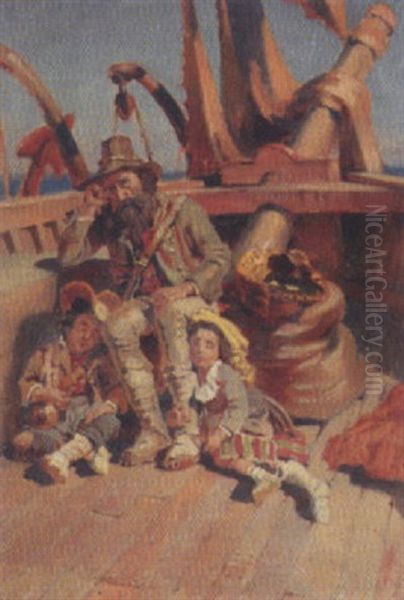 Vater Mit Kindern Auf Einem Schiff Oil Painting by Jean-Baptiste-Arthur Calame