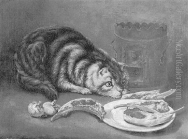 Katze Neben Einem Teller Mit Fleischstucken Oil Painting by Juliette Calame