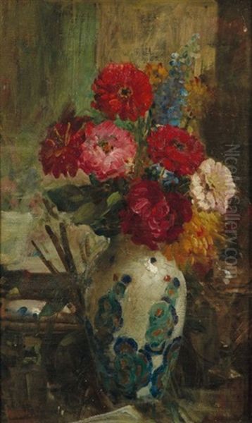 Bouquet De Fleurs, Zinnias Et Dalhias Oil Painting by Antoine Calbet