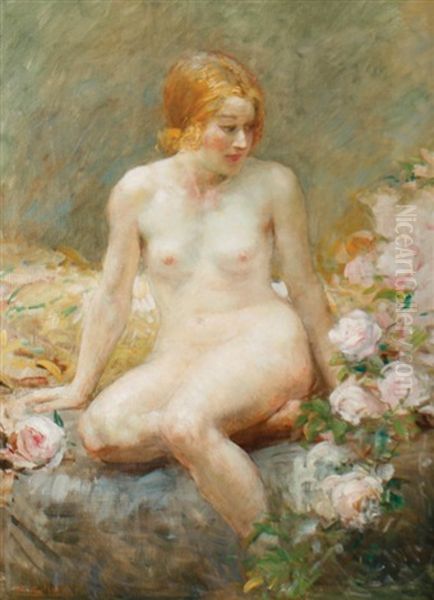 Nude Amongst Flowers Oil Painting by Antoine Calbet