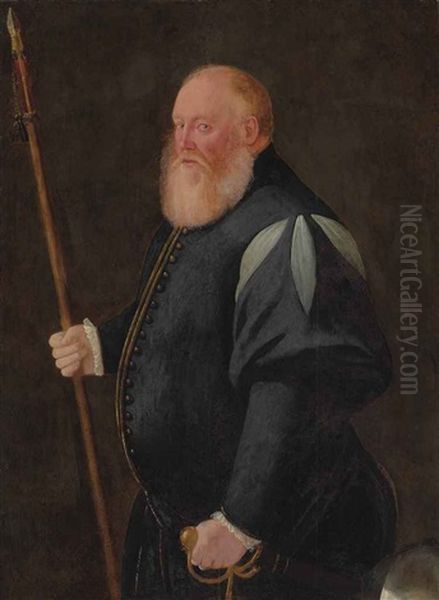 Portrait Of A Man, Three-quarter-length, In A Dark Blue Doublet With Slashed Sleeves, Holding A Spear And A Sword, With A Helmet Beside Him Oil Painting by Jan Stephan von (Calcker) Calcar