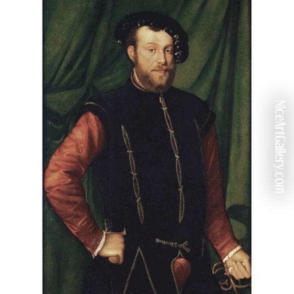 Portrait Of A Gentleman, Three-quarter Length, Wearing A Black Cap, A Black-slashed Singlet Over A Red Shirt, Holding A Sword And A Dagger And Standing Before A Green Curtain Oil Painting by Jan Stephan von (Calcker) Calcar