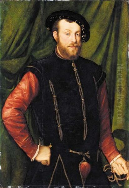 Portrait Of A Bearded Man In A Black Doublet With Crimson Sleeves And A Black Hat, A Dagger In His Right Hand And Sword In His Left Oil Painting by Jan Stephan von (Calcker) Calcar