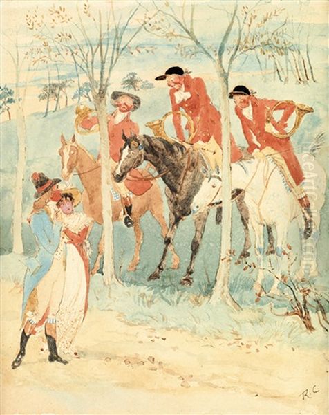 The Three Jovial Huntsmen Surprise A Young Couple Oil Painting by Randolph Caldecott