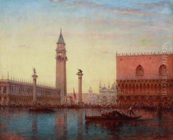 A View Of Piazza San Marco From Across The Lagoon, Venice Oil Painting by Charles Clement Calderon