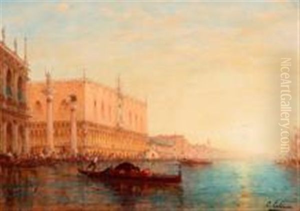 Venise, Le Palais Des Doges Depuis Le Grand Canal Oil Painting by Charles Clement Calderon