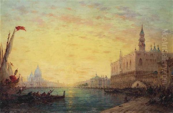 Sunset Over The Grand Canal, Venice Oil Painting by Charles Clement Calderon