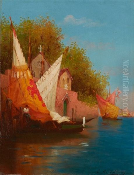 Voiliers A Venise Oil Painting by Charles Clement Calderon