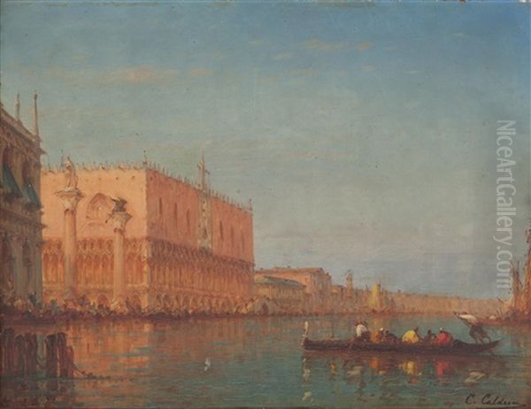 Gondole Et Voilier Devant Le Palais Des Doges, Venise Oil Painting by Charles Clement Calderon