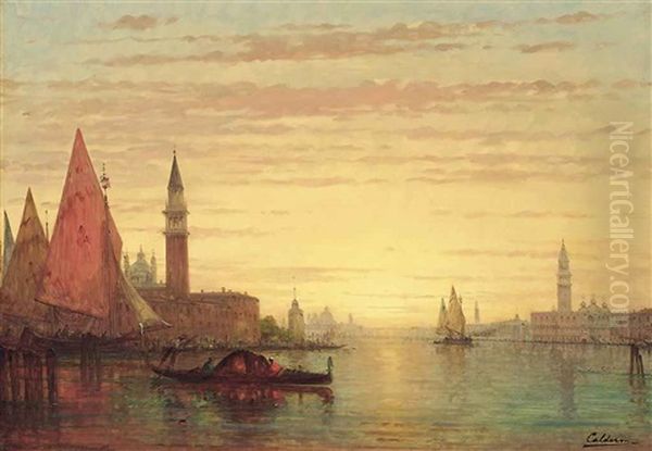 A Gondolier On The Grand Canal Oil Painting by Charles Clement Calderon