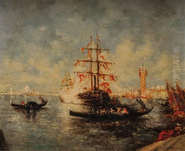 Bataille Navale A Venise Oil Painting by Charles Clement Calderon