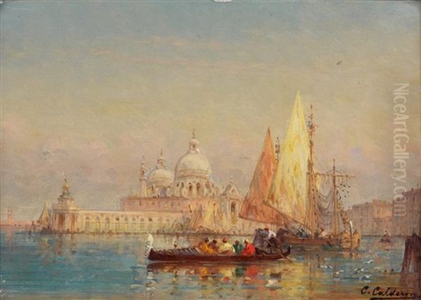 Gondoles Et Voiliers Devant La Dogana De Venise Oil Painting by Charles Clement Calderon