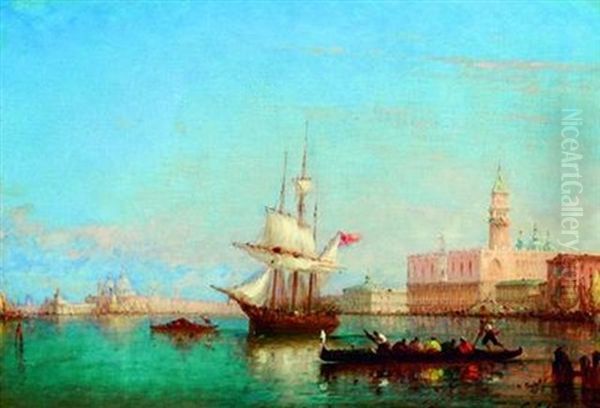 Troit Mats Et Gondole Sur La Lagune Pres De La Place Saint Marc A Venise Oil Painting by Charles Clement Calderon