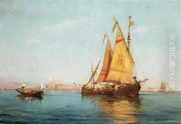 Boats In The Venetian Lagoon Oil Painting by Charles Clement Calderon