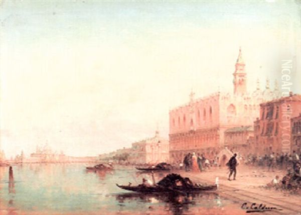 A View Of The Venitian Lagoon With Elegant Figure Outside The Doge's Palace And Gondolas Moored In The Foreground Oil Painting by Charles Clement Calderon