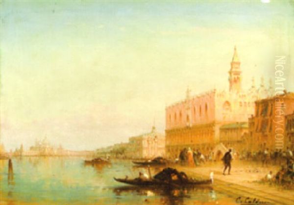 A View Of A Venetian Lagoon With Figures Outside The Dodge's Palace Oil Painting by Charles Clement Calderon