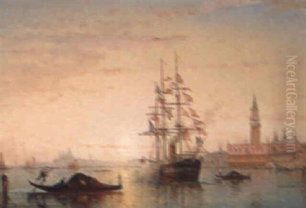 A Steamboat Before The Doge's Palace Oil Painting by Charles Clement Calderon