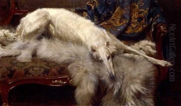 A Lady Of Quality - A Borzoi On A Chaise Longue Oil Painting by William Frank Calderon