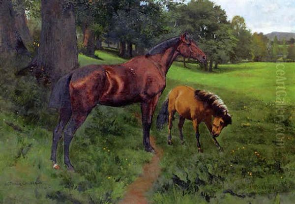 Mare And Foal In A Landscape by William Frank Calderon