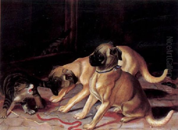 Zwei Hunde Streiten Mit Einer Katze Oil Painting by William Frank Calderon