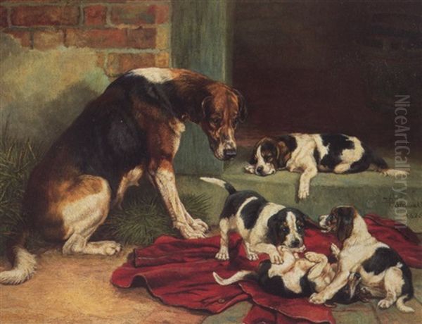 A Hound With Puppies Oil Painting by Edmund Caldwell