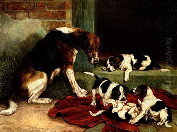 A Foxhound With Her Puppies Oil Painting by Edmund Caldwell