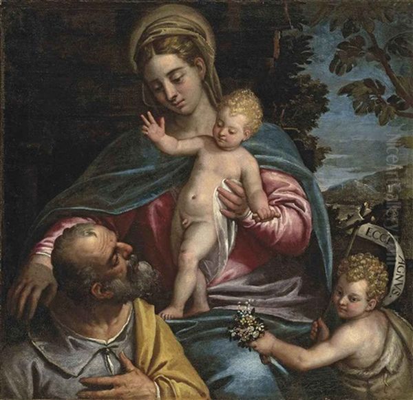 The Holy Family With The Infant Saint John The Baptist, In A Mountainous Landscape Oil Painting by Benedetto Caliari