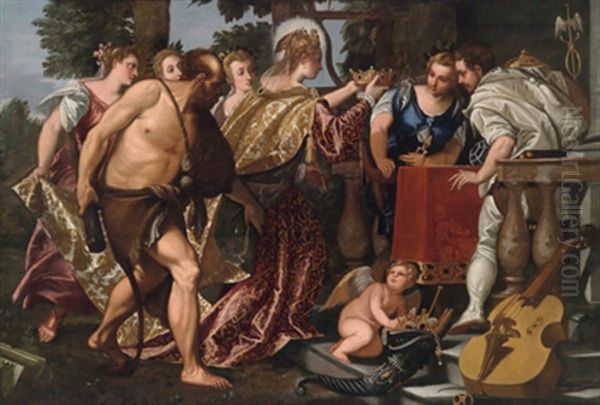 Allegorische Darstellung: Die Verkorperung Venedigs, Assistiert Von Herkules Und Den Drei Grazien Kront Die Personifikationen Von Baukunst Und Handel (merkur) Oil Painting by Benedetto Caliari