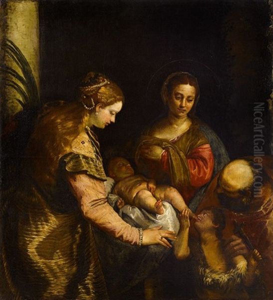 La Sainte Famille Avec Sainte Barbe Et Le Petit Saint Jean-baptiste Oil Painting by Carlo Caliari