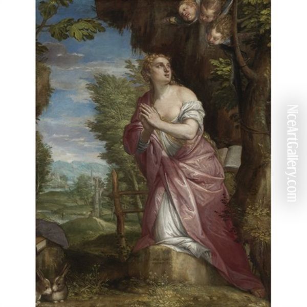 The Penitent Magdalene In A Landscape Oil Painting by Carlo Caliari