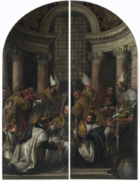 Consacrazione Di San Nicola Da Bari (in 2 Parts) Oil Painting by Carlo Caliari