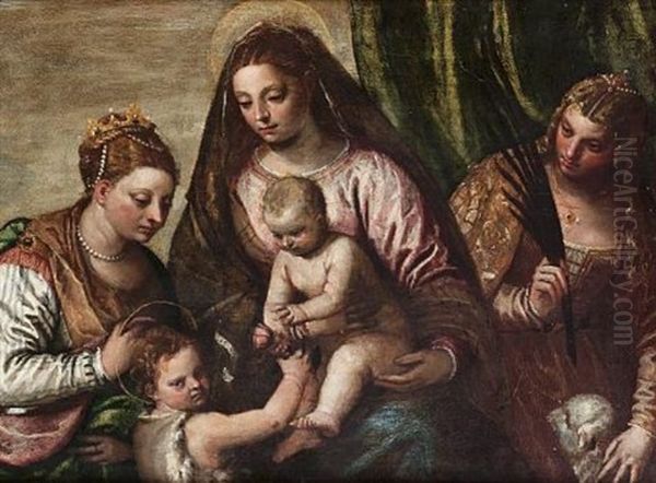 The Madonna And Child With The Infant Saint John The Baptist, Saint Agnes And Saint Catherine Oil Painting by Carlo Caliari