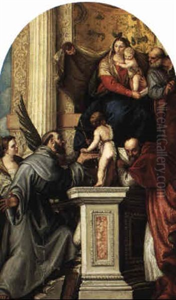 Holy Family With Saints Oil Painting by Carlo Caliari