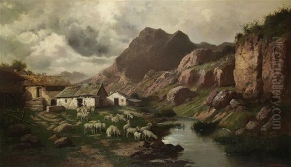 Flock Of Sheep In Landscape Oil Painting by John Califano