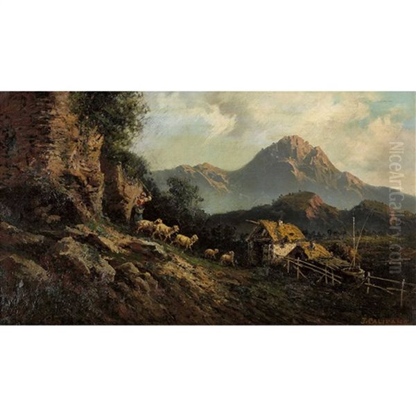 Berglandschaft Mit Hirtin Und Schafherde Oil Painting by John (Giovanni) Califano