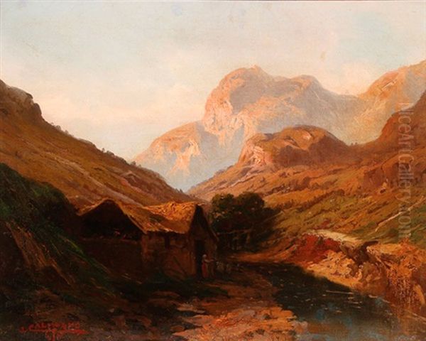 Italian Mountain Landscape With Alpine Cabin Oil Painting by John (Giovanni) Califano