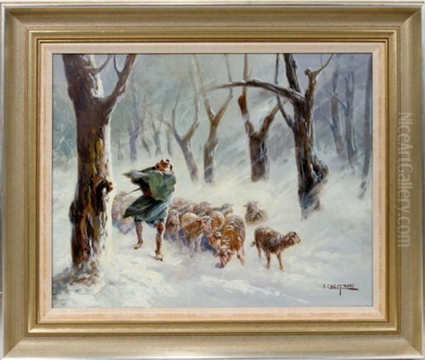 Sheep Herder In Winter Oil Painting by John (Giovanni) Califano