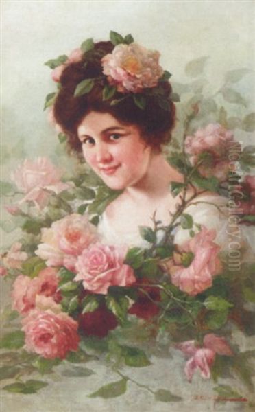 A Young Lady Surrounded By Roses Oil Painting by John (Giovanni) Califano