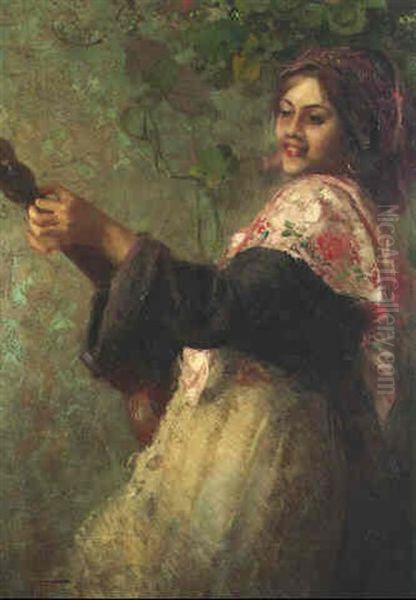 A Lady Playing A Guitar Oil Painting by John (Giovanni) Califano