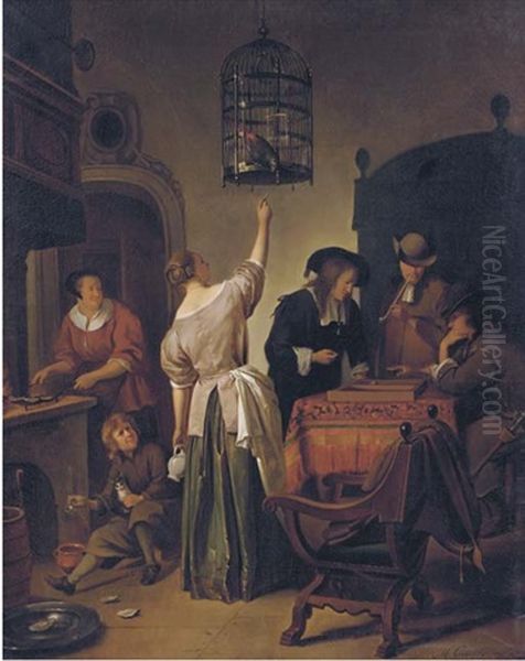 Trick-track Players Seated At A Table, A Woman Feeding A Parrot, A Young Boy Feeding A Cat And A Woman In A Kitchen Interior (after Jan Steen) Oil Painting by Moritz Calisch