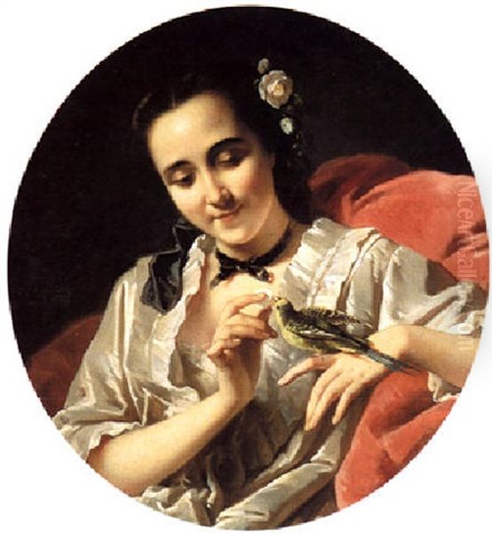 An Elegant Lady Feeding A Parakeet Oil Painting by Moritz Calisch