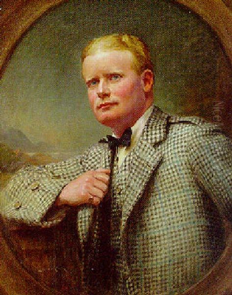 Portrait Of A Gentleman In A Tweed Jacket And Waistcoat, A Highland Landscape Beyond Oil Painting by Lance Calkin