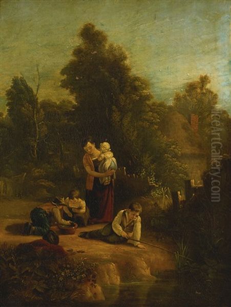 Landscape With Mother And Children Oil Painting by Augustus Wall (Sir.) Callcott