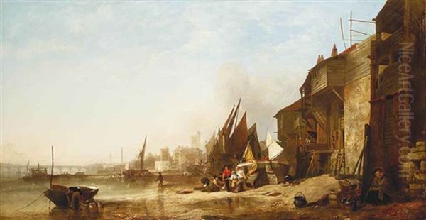 Riverfolk On The Banks Of The Thames, With St. Mary's Lambeth And Westminster Bridge Beyond Oil Painting by Augustus Wall (Sir.) Callcott